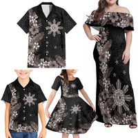Tropical Hawaii and Philippines Family Matching Off Shoulder Maxi Dress and Hawaiian Shirt Kanaka Maoli and Sun Badge Batok Tattoo Grayscale LT03 - Polynesian Pride