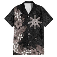 Tropical Hawaii and Philippines Family Matching Off Shoulder Short Dress and Hawaiian Shirt Kanaka Maoli and Sun Badge Batok Tattoo Grayscale LT03 Dad's Shirt - Short Sleeve Black - Polynesian Pride