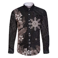 Tropical Hawaii and Philippines Family Matching Off Shoulder Short Dress and Hawaiian Shirt Kanaka Maoli and Sun Badge Batok Tattoo Grayscale LT03 Dad's Shirt - Long Sleeve Black - Polynesian Pride