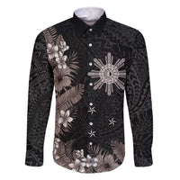 Tropical Hawaii and Philippines Family Matching Summer Maxi Dress and Hawaiian Shirt Kanaka Maoli and Sun Badge Batok Tattoo Grayscale LT03 Dad's Shirt - Long Sleeve Black - Polynesian Pride