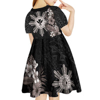 Tropical Hawaii and Philippines Kid Short Sleeve Dress Kanaka Maoli and Sun Badge Batok Tattoo Grayscale