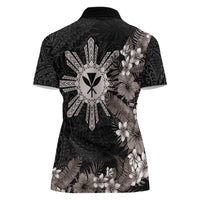 Tropical Hawaii and Philippines Women Polo Shirt Kanaka Maoli and Sun Badge Batok Tattoo Grayscale LT03 - Polynesian Pride