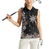Tropical Hawaii and Philippines Women Sleeveless Polo Shirt Kanaka Maoli and Sun Badge Batok Tattoo Grayscale LT03 - Polynesian Pride