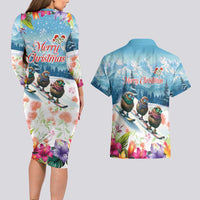 New Zealand Merry Christmas Couples Matching Long Sleeve Bodycon Dress and Hawaiian Shirt Kiwi Birds Snow Boarding-Vibrant Tropical Flower LT03 - Polynesian Pride