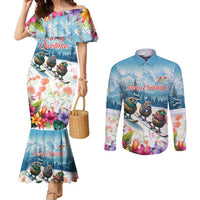New Zealand Merry Christmas Couples Matching Mermaid Dress and Long Sleeve Button Shirt Kiwi Birds Snow Boarding-Vibrant Tropical Flower LT03 White - Polynesian Pride