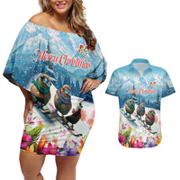 New Zealand Merry Christmas Couples Matching Off Shoulder Short Dress and Hawaiian Shirt Kiwi Birds Snow Boarding-Vibrant Tropical Flower LT03 White - Polynesian Pride