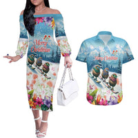 New Zealand Merry Christmas Couples Matching Off The Shoulder Long Sleeve Dress and Hawaiian Shirt Kiwi Birds Snow Boarding-Vibrant Tropical Flower LT03 White - Polynesian Pride