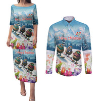 New Zealand Merry Christmas Couples Matching Puletasi and Long Sleeve Button Shirt Kiwi Birds Snow Boarding-Vibrant Tropical Flower LT03 White - Polynesian Pride