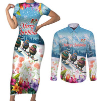 New Zealand Merry Christmas Couples Matching Short Sleeve Bodycon Dress and Long Sleeve Button Shirt Kiwi Birds Snow Boarding-Vibrant Tropical Flower LT03 White - Polynesian Pride
