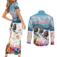 New Zealand Merry Christmas Couples Matching Short Sleeve Bodycon Dress and Long Sleeve Button Shirt Kiwi Birds Snow Boarding-Vibrant Tropical Flower LT03 - Polynesian Pride