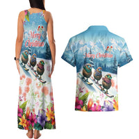 New Zealand Merry Christmas Couples Matching Tank Maxi Dress and Hawaiian Shirt Kiwi Birds Snow Boarding-Vibrant Tropical Flower LT03 - Polynesian Pride