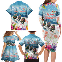 New Zealand Merry Christmas Family Matching Long Sleeve Bodycon Dress and Hawaiian Shirt Kiwi Birds Snow Boarding-Vibrant Tropical Flower LT03 - Polynesian Pride