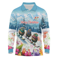 New Zealand Merry Christmas Long Sleeve Polo Shirt Kiwi Birds Snow Boarding-Vibrant Tropical Flower LT03 White - Polynesian Pride