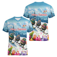 New Zealand Merry Christmas Women V-Neck T-Shirt Kiwi Birds Snow Boarding-Vibrant Tropical Flower LT03 - Polynesian Pride