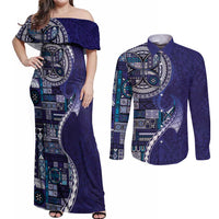 Samoan Siapo Art Tattoo Polynesian Pattern Couples Matching Off Shoulder Maxi Dress and Long Sleeve Button Shirt Navy Color - Polynesian Pride