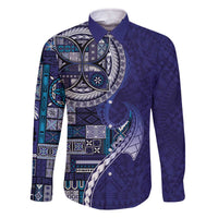 Samoan Siapo Art Tattoo Polynesian Pattern Family Matching Off The Shoulder Long Sleeve Dress and Hawaiian Shirt Navy Color LT03 Dad's Shirt - Long Sleeve Navy - Polynesian Pride