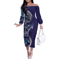 Samoan Siapo Art Tattoo Polynesian Pattern Family Matching Off The Shoulder Long Sleeve Dress and Hawaiian Shirt Navy Color LT03 Mom's Dress Navy - Polynesian Pride