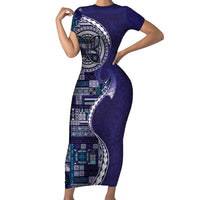 Samoan Siapo Art Tattoo Polynesian Pattern Family Matching Short Sleeve Bodycon Dress and Hawaiian Shirt Navy Color LT03 Mom's Dress Navy - Polynesian Pride