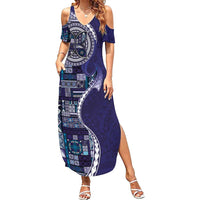 Samoan Siapo Art Tattoo Polynesian Pattern Family Matching Summer Maxi Dress and Hawaiian Shirt Navy Color - Polynesian Pride