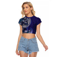 Samoan Siapo Art Tattoo Polynesian Pattern Raglan Cropped T Shirt Navy Color - Polynesian Pride