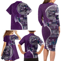 Samoan Siapo Art Tattoo Polynesian Pattern Family Matching Long Sleeve Bodycon Dress and Hawaiian Shirt Purple Color LT03 - Polynesian Pride