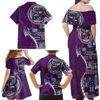 Samoan Siapo Art Tattoo Polynesian Pattern Family Matching Off Shoulder Maxi Dress and Hawaiian Shirt Purple Color LT03 - Polynesian Pride