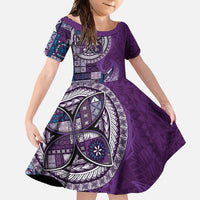 Samoan Siapo Art Tattoo Polynesian Pattern Family Matching Short Sleeve Bodycon Dress and Hawaiian Shirt Purple Color LT03 Daughter's Dress Purple - Polynesian Pride