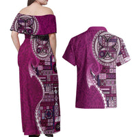 Samoan Siapo Art Tattoo Polynesian Pattern Couples Matching Off Shoulder Maxi Dress and Hawaiian Shirt Pink Color - Polynesian Pride