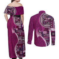 Samoan Siapo Art Tattoo Polynesian Pattern Couples Matching Off Shoulder Maxi Dress and Long Sleeve Button Shirt Pink Color - Polynesian Pride