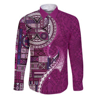 Samoan Siapo Art Tattoo Polynesian Pattern Family Matching Short Sleeve Bodycon Dress and Hawaiian Shirt Pink Color LT03 Dad's Shirt - Long Sleeve Pink - Polynesian Pride