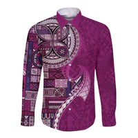 Samoan Siapo Art Tattoo Polynesian Pattern Long Sleeve Button Shirt Pink Color - Polynesian Pride