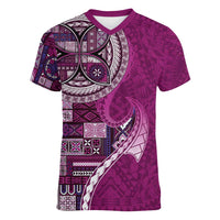 Samoan Siapo Art Tattoo Polynesian Pattern Women V-Neck T-Shirt Pink Color - Polynesian Pride