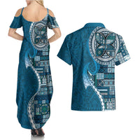 Samoan Siapo Art Tattoo Polynesian Pattern Couples Matching Summer Maxi Dress and Hawaiian Shirt Teal Color - Polynesian Pride