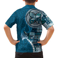 Samoan Siapo Art Tattoo Polynesian Pattern Family Matching Off The Shoulder Long Sleeve Dress and Hawaiian Shirt Teal Color LT03 - Polynesian Pride