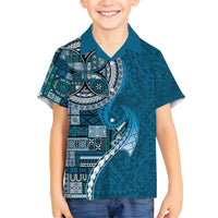 Samoan Siapo Art Tattoo Polynesian Pattern Family Matching Off Shoulder Maxi Dress and Hawaiian Shirt Teal Color - Polynesian Pride