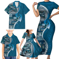 Samoan Siapo Art Tattoo Polynesian Pattern Family Matching Short Sleeve Bodycon Dress and Hawaiian Shirt Teal Color LT03 - Polynesian Pride
