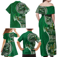Samoan Siapo Art Tattoo Polynesian Pattern Family Matching Off Shoulder Maxi Dress and Hawaiian Shirt Green Color LT03 - Polynesian Pride