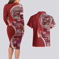Samoan Siapo Art Tattoo Polynesian Pattern Couples Matching Long Sleeve Bodycon Dress and Hawaiian Shirt Red Color - Polynesian Pride