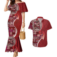 Samoan Siapo Art Tattoo Polynesian Pattern Couples Matching Mermaid Dress and Hawaiian Shirt Red Color - Polynesian Pride