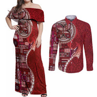 Samoan Siapo Art Tattoo Polynesian Pattern Couples Matching Off Shoulder Maxi Dress and Long Sleeve Button Shirt Red Color - Polynesian Pride