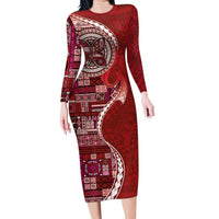 Samoan Siapo Art Tattoo Polynesian Pattern Family Matching Long Sleeve Bodycon Dress and Hawaiian Shirt Red Color LT03 Mom's Dress Red - Polynesian Pride