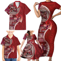 Samoan Siapo Art Tattoo Polynesian Pattern Family Matching Short Sleeve Bodycon Dress and Hawaiian Shirt Red Color LT03 - Polynesian Pride