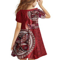 Samoan Siapo Art Tattoo Polynesian Pattern Kid Short Sleeve Dress Red Color - Polynesian Pride