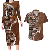 Samoan Siapo Art Tattoo Polynesian Pattern Couples Matching Long Sleeve Bodycon Dress and Hawaiian Shirt Brown Color - Polynesian Pride