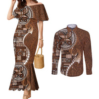 Samoan Siapo Art Tattoo Polynesian Pattern Couples Matching Mermaid Dress and Long Sleeve Button Shirt Brown Color - Polynesian Pride