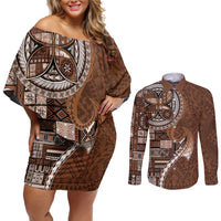 Samoan Siapo Art Tattoo Polynesian Pattern Couples Matching Off Shoulder Short Dress and Long Sleeve Button Shirt Brown Color - Polynesian Pride
