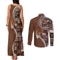 Samoan Siapo Art Tattoo Polynesian Pattern Couples Matching Tank Maxi Dress and Long Sleeve Button Shirt Brown Color - Polynesian Pride