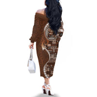 Samoan Siapo Art Tattoo Polynesian Pattern Family Matching Off The Shoulder Long Sleeve Dress and Hawaiian Shirt Brown Color LT03 - Polynesian Pride