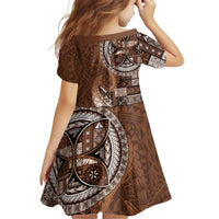 Samoan Siapo Art Tattoo Polynesian Pattern Kid Short Sleeve Dress Brown Color - Polynesian Pride