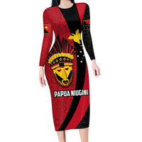 Papua New Guinea Mask Festival Family Matching Long Sleeve Bodycon Dress and Hawaiian Shirt Papua Niugini Tribe Mask Melanesian Pattern LT03 Mom's Dress Red - Polynesian Pride